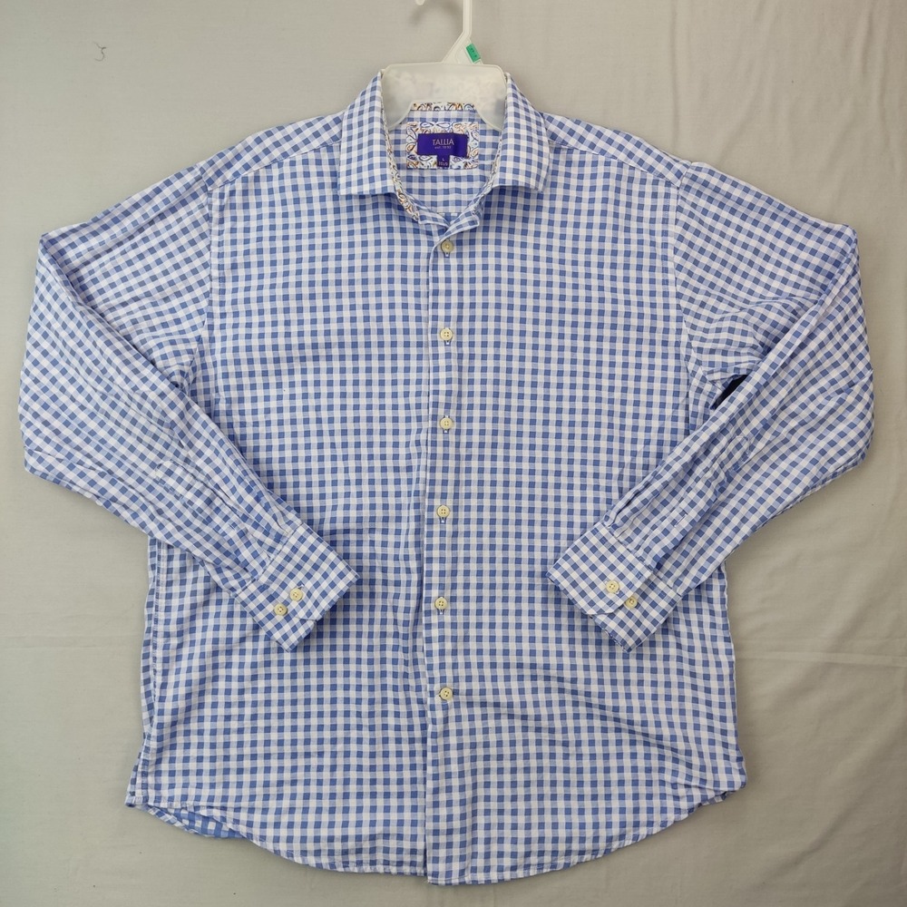 Tallia Dress Shirt Mens L Blue White Gingham Paisley Contrast Trim Button Down